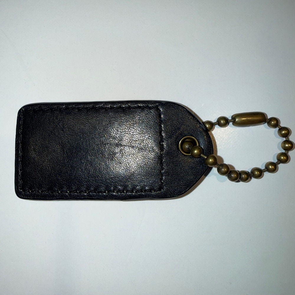Vintage Coach Large Black Leather Hangtag Brass Hardware Hampton Bag Tag Charm - Picture 2 of 4